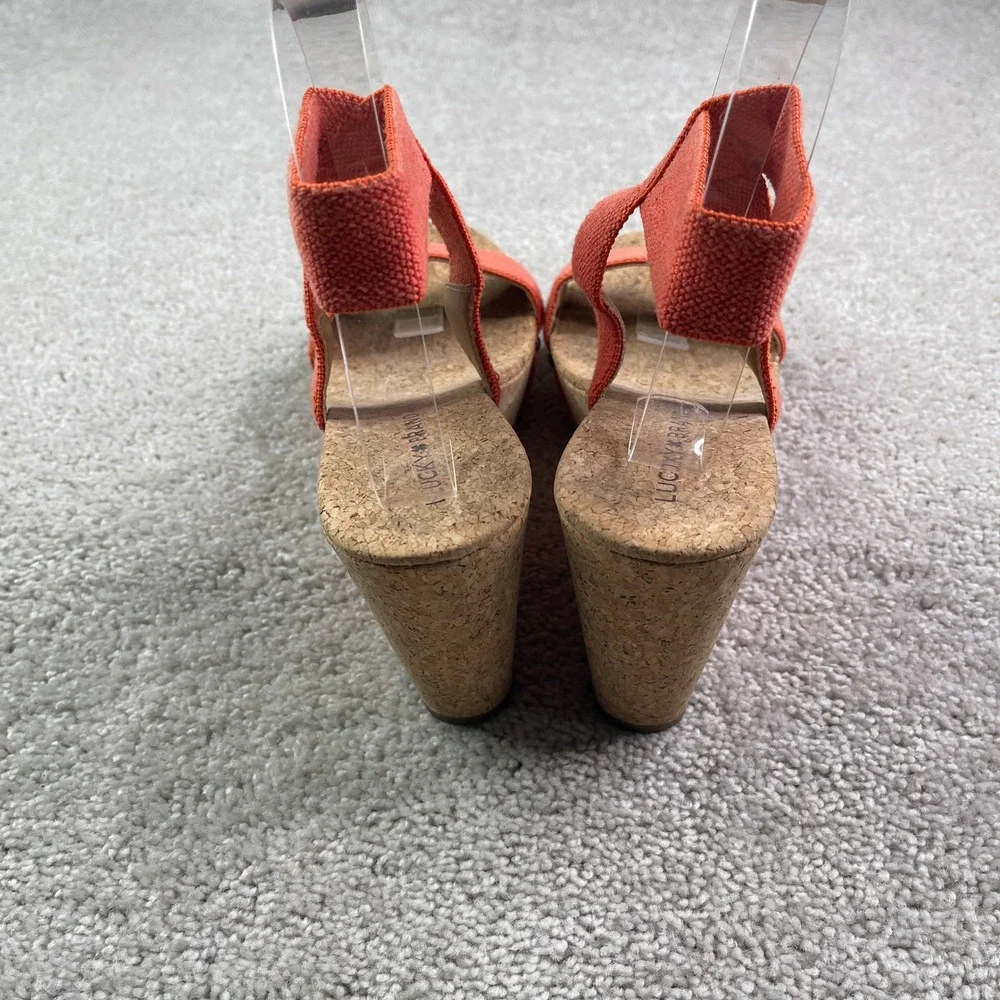 Lucky Brand Marinah Sandals Womens Size 8 M Orange Strappy Cork Wedge Studded